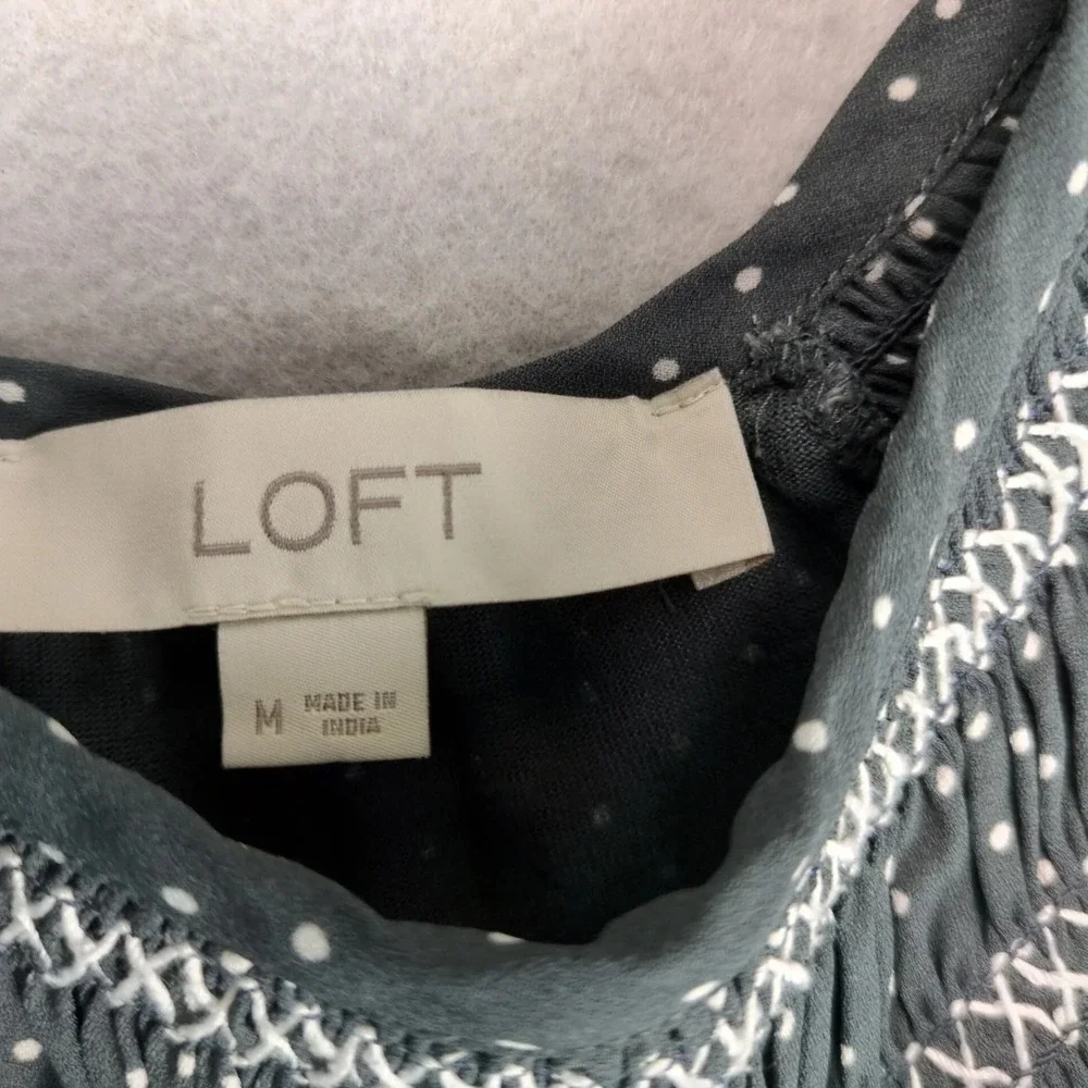 Loft Dotted Smocked Mixed Media Blouse Top Sz‎ M Gray Ruffle, Long Puff Sleeve